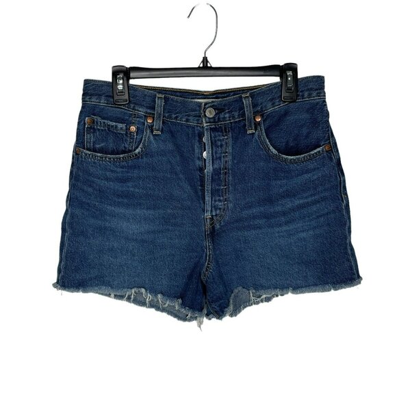 Levis Blue Medium Wash Ribcage Denim High Waisted Button Fly Shorts - Picture 2 of 9
